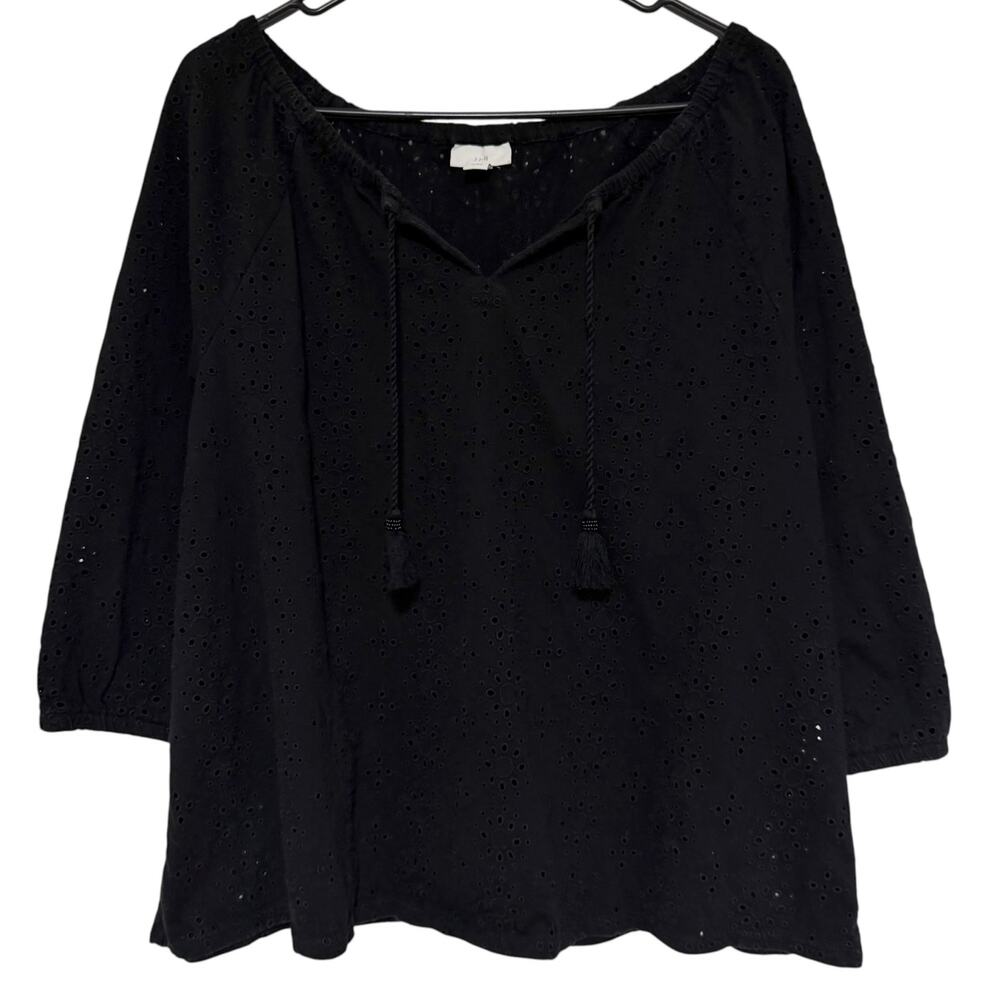 J JILL Black Eyelet Cotton Top Size Large Petite Tasseled Three Quarter Sleeve